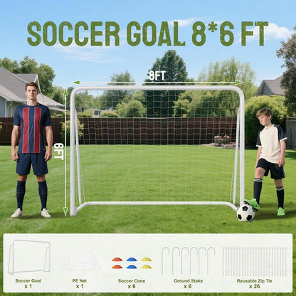 MOPHOTO Soccer Goals for Backyard, Foldable Steel Soccer Goal with Training Target & 6 Cones, Weatherproof Soccer Goal for Teens/Adults Practice Training 6X4/8X6/10X6.5/12X6Ft