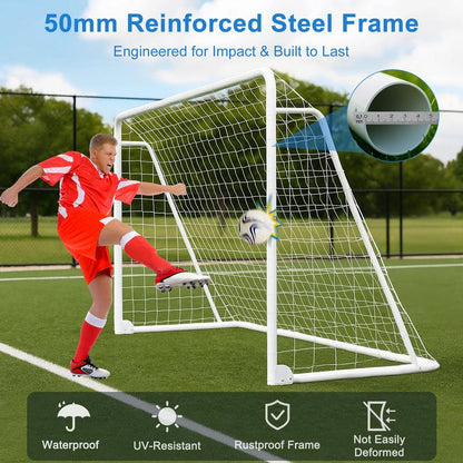 MOPHOTO Soccer Goals for Backyard, Foldable Steel Soccer Goal with Training Target & 6 Cones, Weatherproof Soccer Goal for Teens/Adults Practice Training 6X4/8X6/10X6.5/12X6Ft