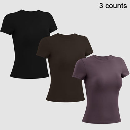 Timeoff 5-Piece Solid Sports Tee Set round Neck Slim Stretchy Ideal for Yoga Gym Workouts Women'S Athletic Wear Sporty Style Clothes Gym Shirts Workout Tops Oversized Gym Shirts Fitness Outfit
