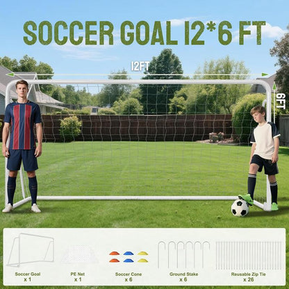 MOPHOTO Soccer Goals for Backyard, Foldable Steel Soccer Goal with Training Target & 6 Cones, Weatherproof Soccer Goal for Teens/Adults Practice Training 6X4/8X6/10X6.5/12X6Ft