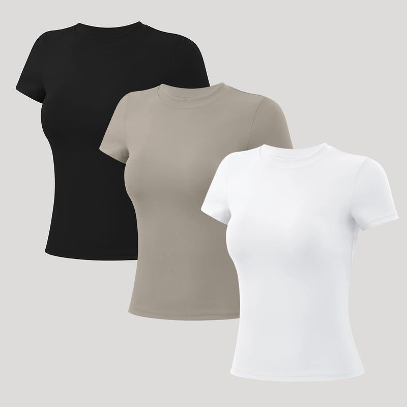 Timeoff 5-Piece Solid Sports Tee Set round Neck Slim Stretchy Ideal for Yoga Gym Workouts Women'S Athletic Wear Sporty Style Clothes Gym Shirts Workout Tops Oversized Gym Shirts Fitness Outfit